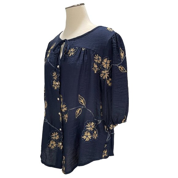 Ana & Rose Navy Blue Embroidered Floral Blouse XL Gold Stitching Boho Chic - Picture 8 of 10